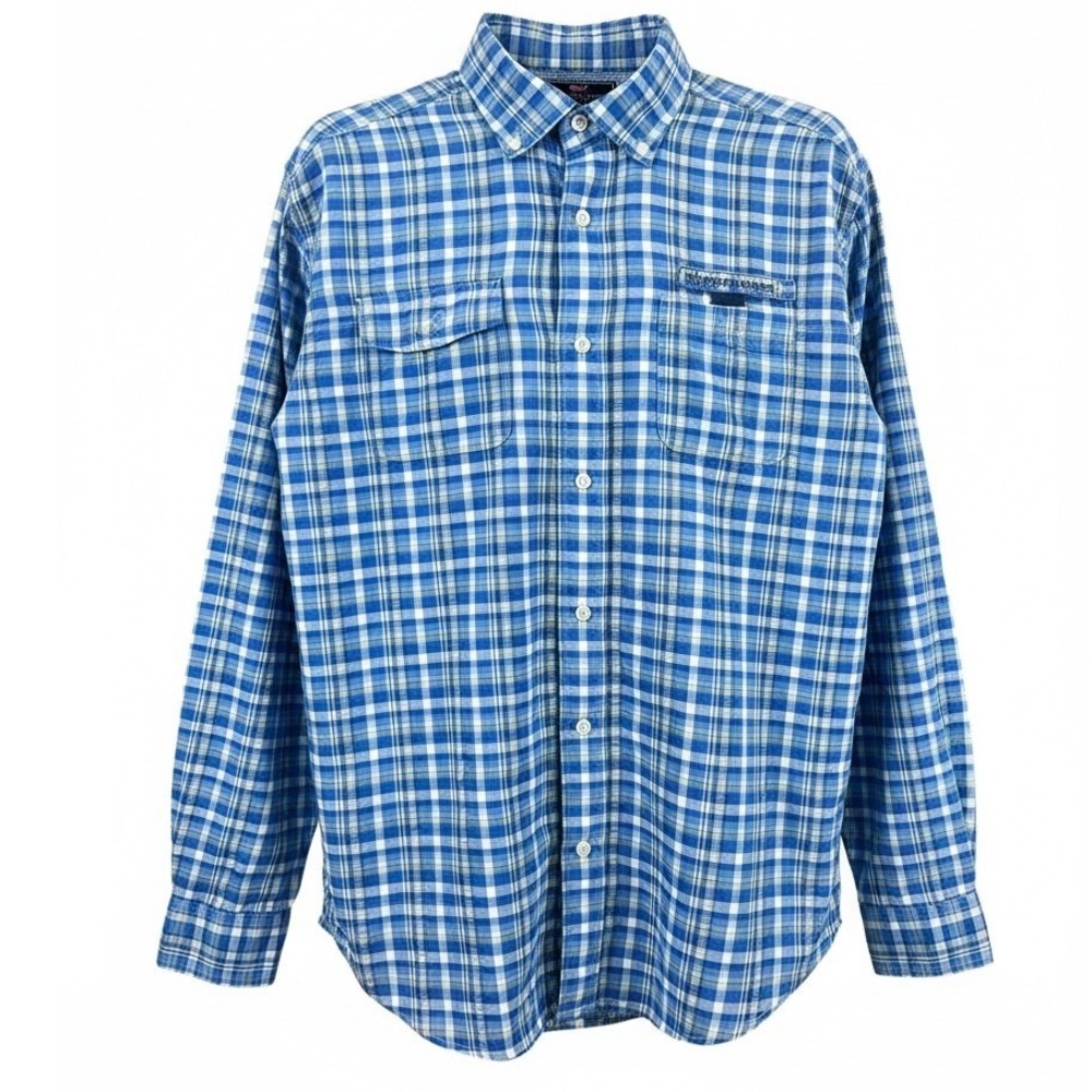Vineyard Vines Mens Blue Plaid Performance Fishing Button Down Shirt Medium